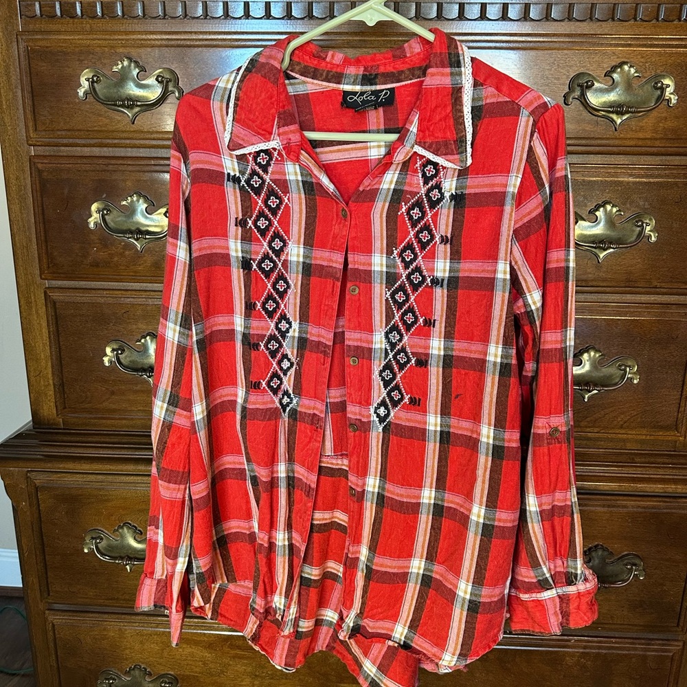 Red Plaid Button-Up Shirt with Embroidery